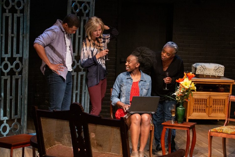 Jordin Hall, Shannon Currie,  as Montague/Steven, Makambe K Simamba, and Marcia Johnson in Serving Elizabeth. Photo by Randy deKleine-Stimpson. Directed by Marcel Stewart; Set & Costume Designed by Rachel Forbes; Lighting Designed by Echo Zou.